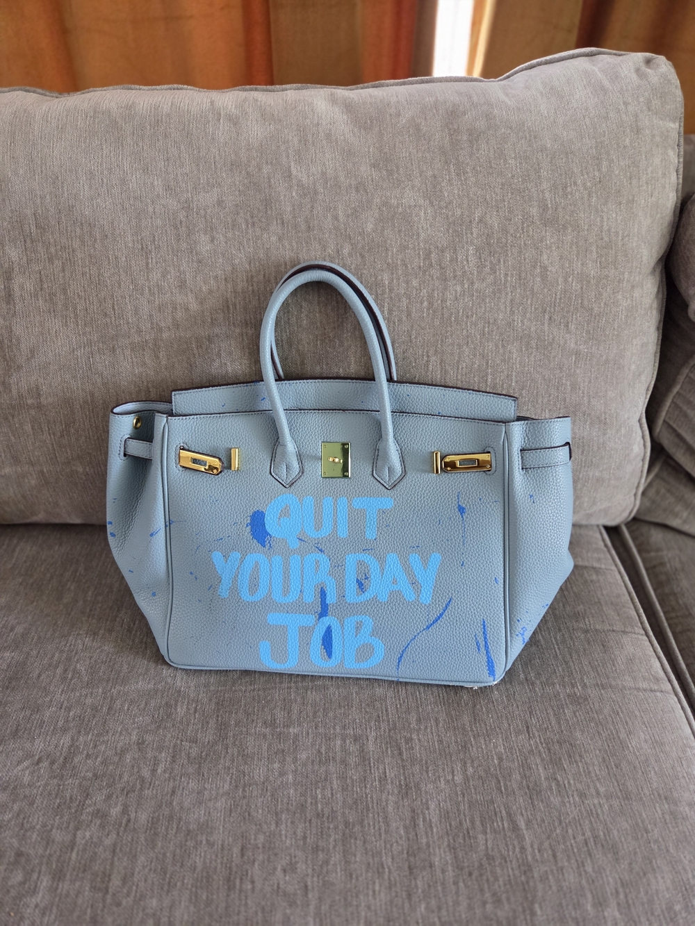 Light Blue Graphic Statement Tote Bag with Gold Hardware